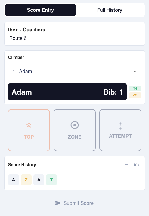 Judge Top/Zone scoring panel on mobile